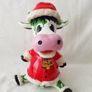 VTG CARTOON COMIC PAINTED CERAMIC COW ANIMAL NOVELTY COIN SAVINGS BANK XMAS